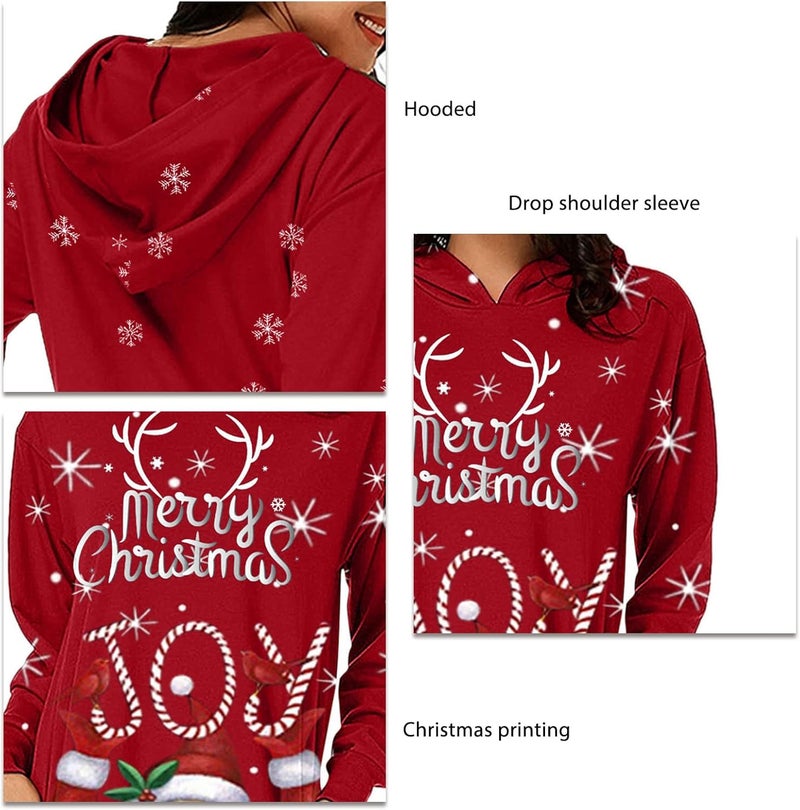 woobles Hoodie Dress, Womens Hoodie Dress Christmas Pattern Print Polyester Casual for Shopping - Image 4